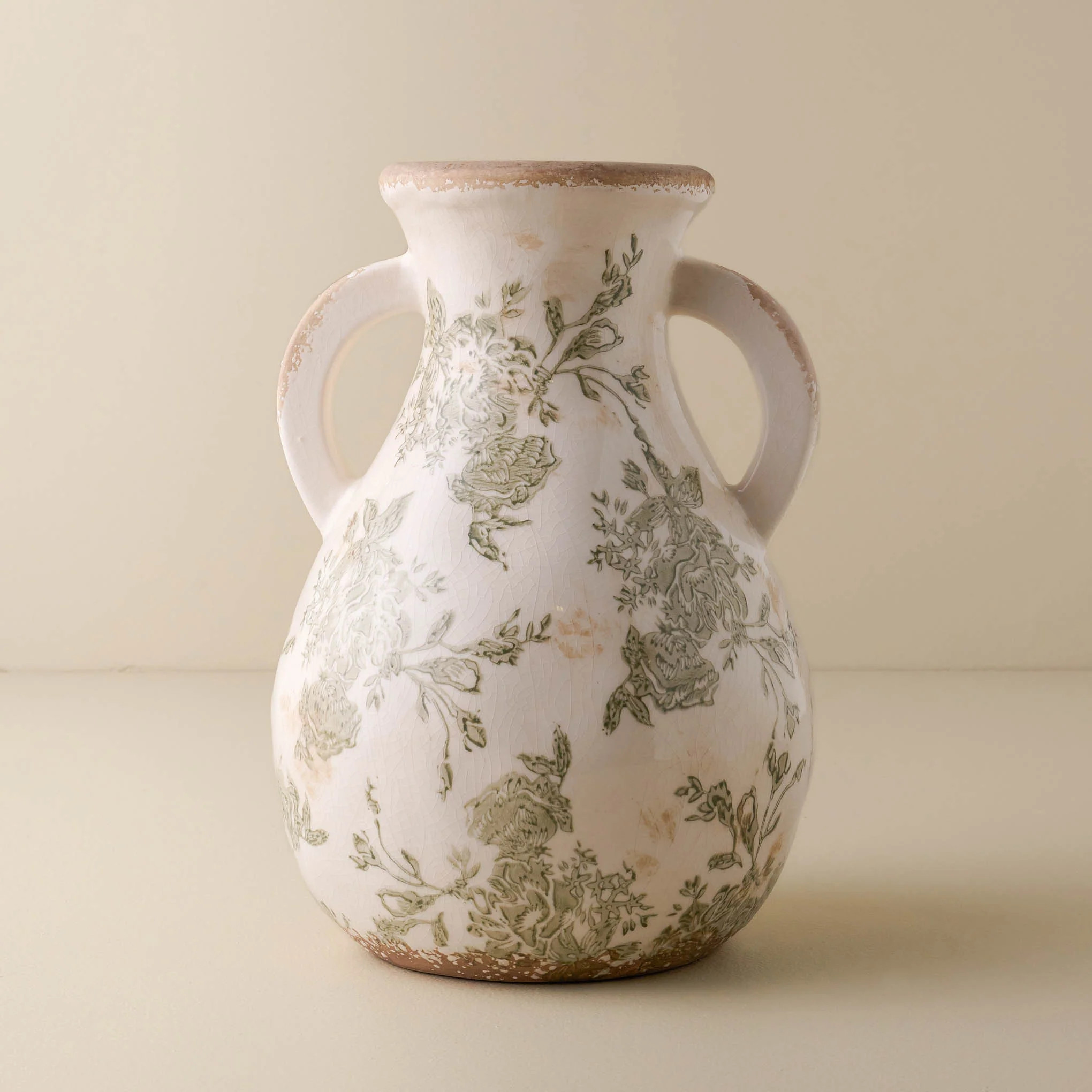 Green and White Distressed Vase with Handle | Magnolia