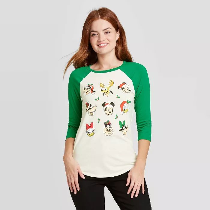 Women's Mickey and Friends Christmas 3/4 Raglan Sleeve Graphic T-Shirt - Off White | Target