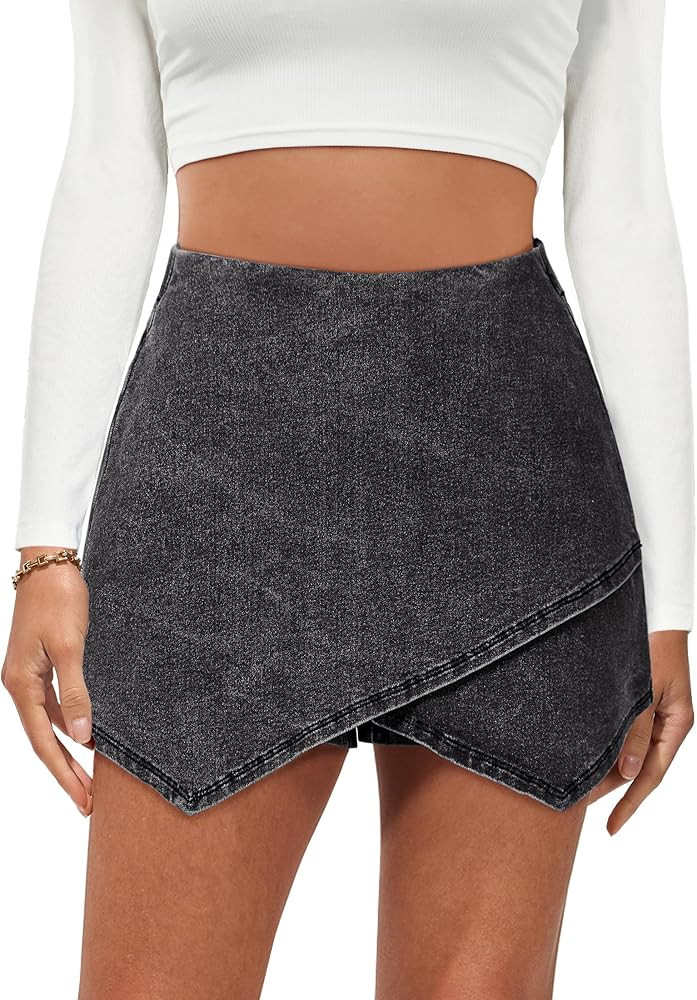luvamia Jean Skorts for Woman High Waisted Pull On Stretchy Denim Wrap Skirt with Shorts Trendy A... | Amazon (US)