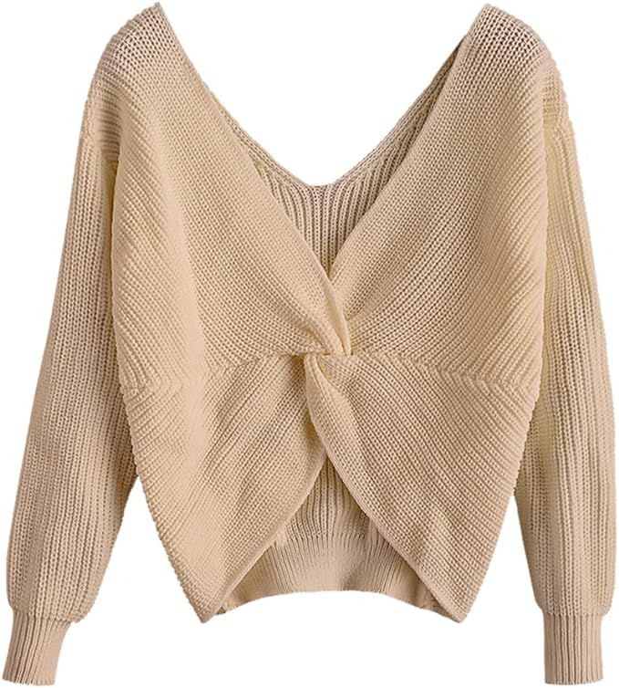 ZAFUL Women's V-Neck Criss Cross Twisted Back Pullover Knitted Crop Sweater Jumper Tops | Amazon (US)
