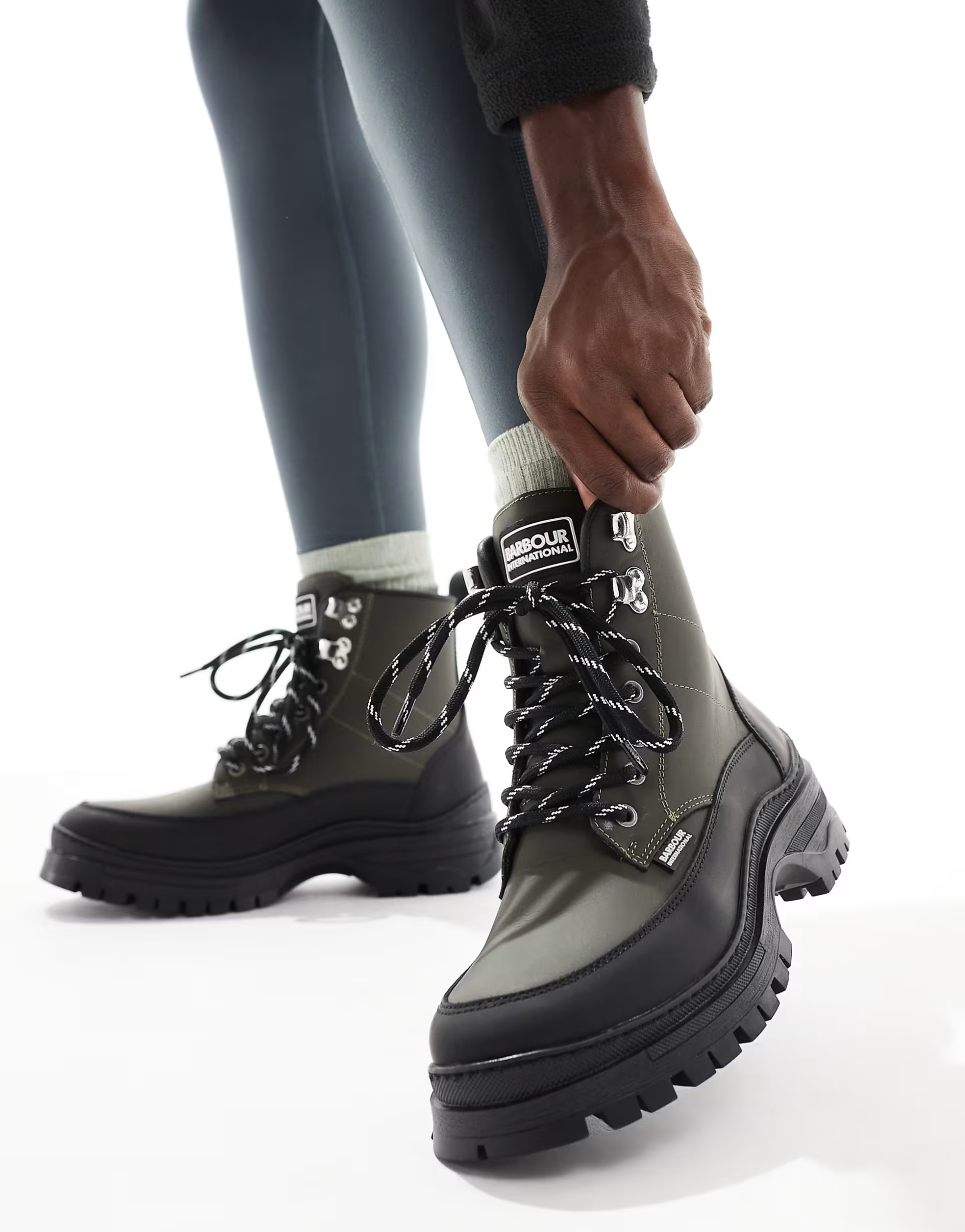 Barbour International Alani leather rubber hiker boots in khaki/black | ASOS (Global)