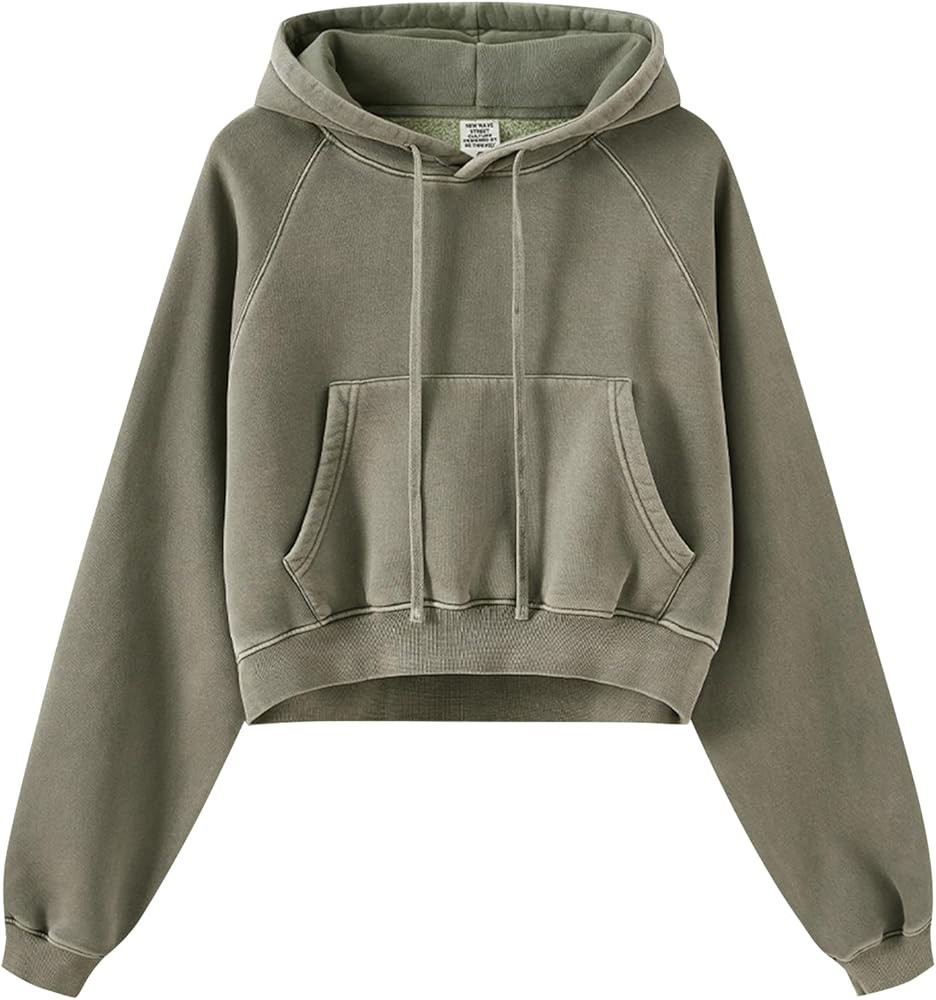 Gihuo Women's Cropped Hoodie Acid Wash Fleece Lined Oversized Short Pullover Sweatshirt | Amazon (US)