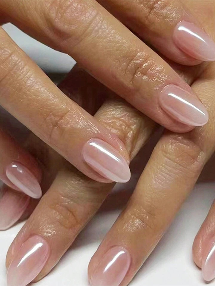 24 Short Almond-Shaped Nail Slices French Plain Simple Ice Nails With File Strip 1 And Jelly Glue... | SHEIN