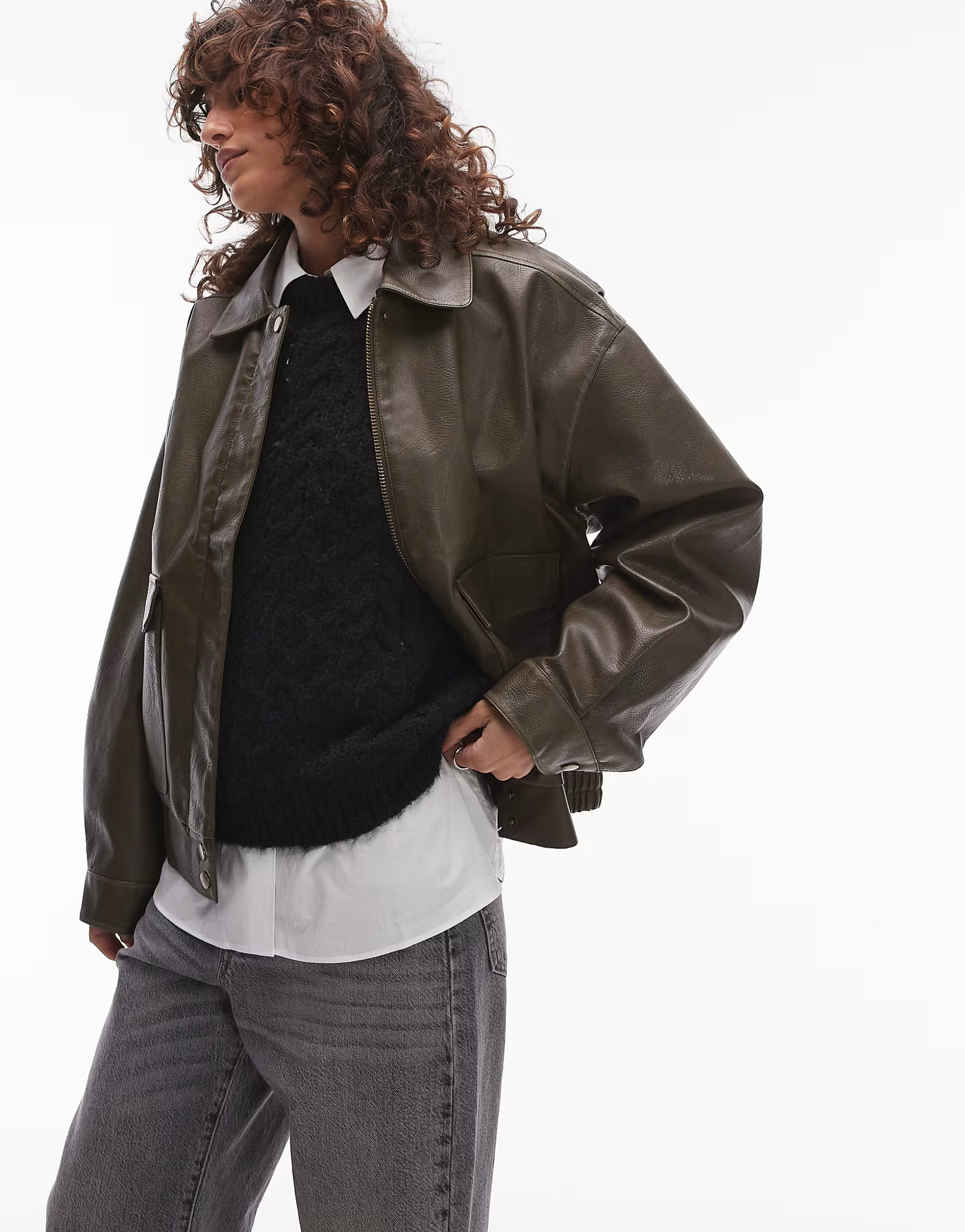 Topshop faux leather oversized bomber jacket in khaki | ASOS (Global)