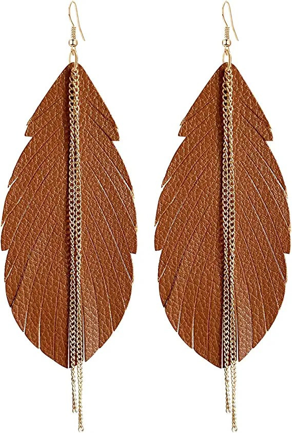 JIUIQL Unique Handmade Fashion Large Leopard Soft Leather Fringe Feather Dangle Drop Color Earrin... | Amazon (US)