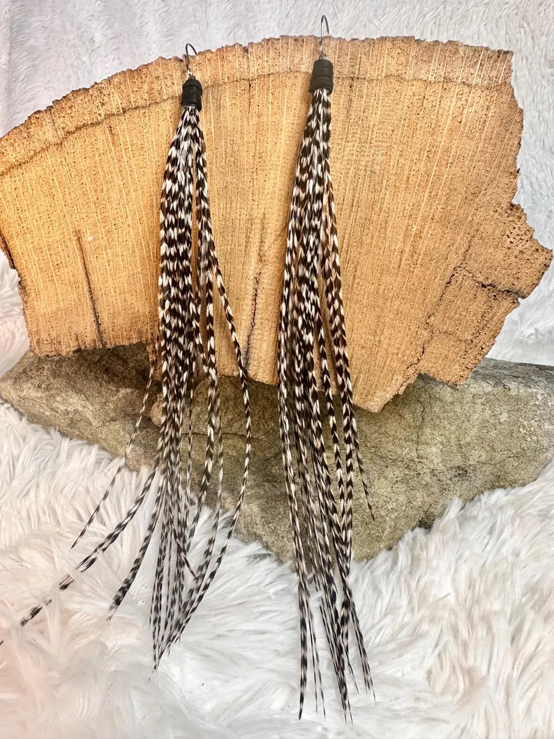 Real Feather Lightweight Statement Earrings, Long White and Black Grizzly Earrings, Boho Jewelry,... | Etsy (US)