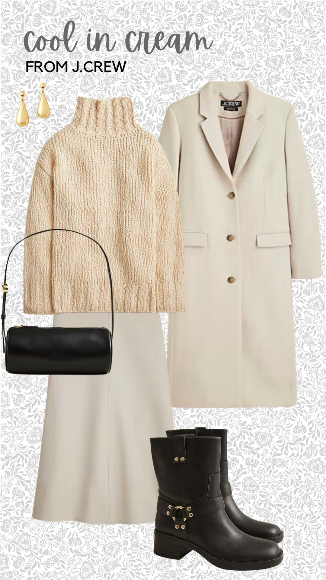 Winter whites are a sophisticated option for cooler weather. The trick is to anchor them with a black accessory two like these moto boots and barrel bag. We’ve paired a chunky oversized sweater with a circle skirt and topped it with a mid-length coat. Add gold earrings to complete the look.✨All items are on SALE now using code family at checkout until 10/31



#LTKWorkwear #LTKSaleAlert #LTKStyleTip