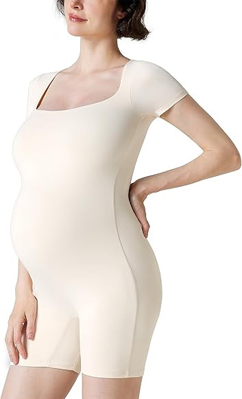 POSHDIVAH Women's Maternity Jumpsuit Square Neck Bodysuit Pregnancy T Shirt Tops Short Sleeve Rom... | Amazon (US)