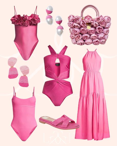 Pink and fuchsia summer travel resort, favorites. Obsessed with this amazing peony bag from mme.mink. 

Pink. Blush. Raffia. Slides. Maxi dress. One piece. Summer earrings. Feminine style  

#LTKitbag #LTKswim #LTKtravel