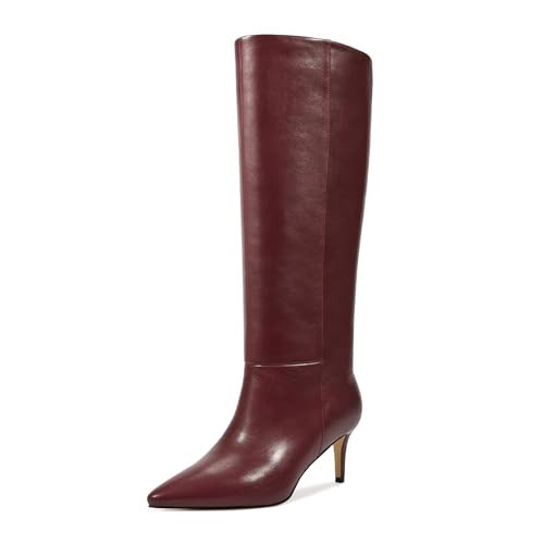 Wetkiss Burgundy Knee High Boots for Women - Low Kitten Heel, Pointed Toe, Thigh High, Wide Calf, Red Long Boots | Amazon (US)