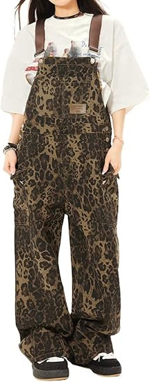 utcoco Women 2025 Fahsion Leopard Denim Bib Overalls Adjustable Straps Wide Leg Jeans Jumpsuits R... | Amazon (US)
