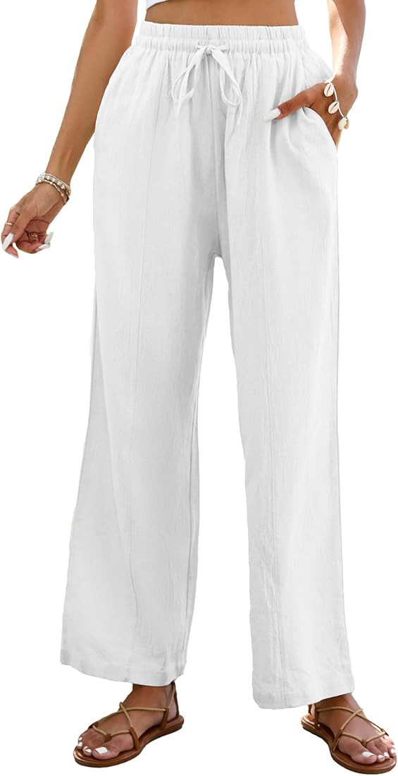 Famulily Womens Comfy Cotton Wide Leg Pants Casual Elastic High Waist Drawstring Trousers with Si... | Amazon (CA)