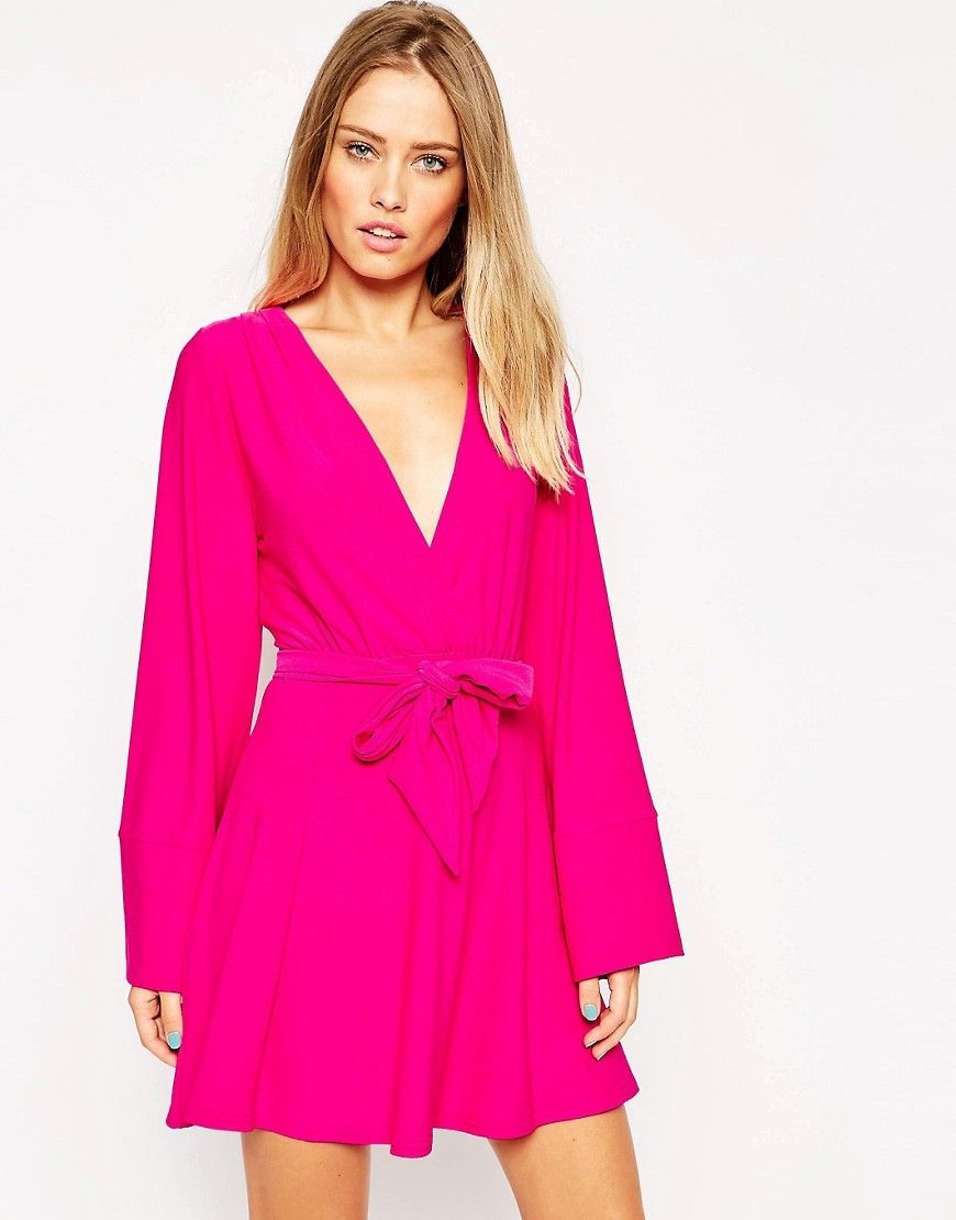 ASOS Kimono Wrap Dress with Tie Waist - Pink | ASOS US