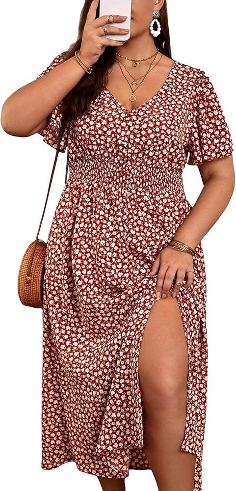 MakeMeChic Women's Plus Size Floral Short Bell Sleeve V Neck A Line Split Summer Long Dress | Amazon (US)