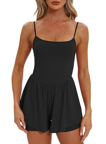 Beaully Women's Summer One Piece Sleeveless Rompers Spaghetti Strap Double Lined Shorts Overalls Jumpsuit 6110 Black S | Amazon (US)