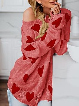 Chang Yun Women Off Shoulder Knitted Pullovers Sweater Loose Long Sleeve Hearts Printed Ripped Tops | Amazon (US)