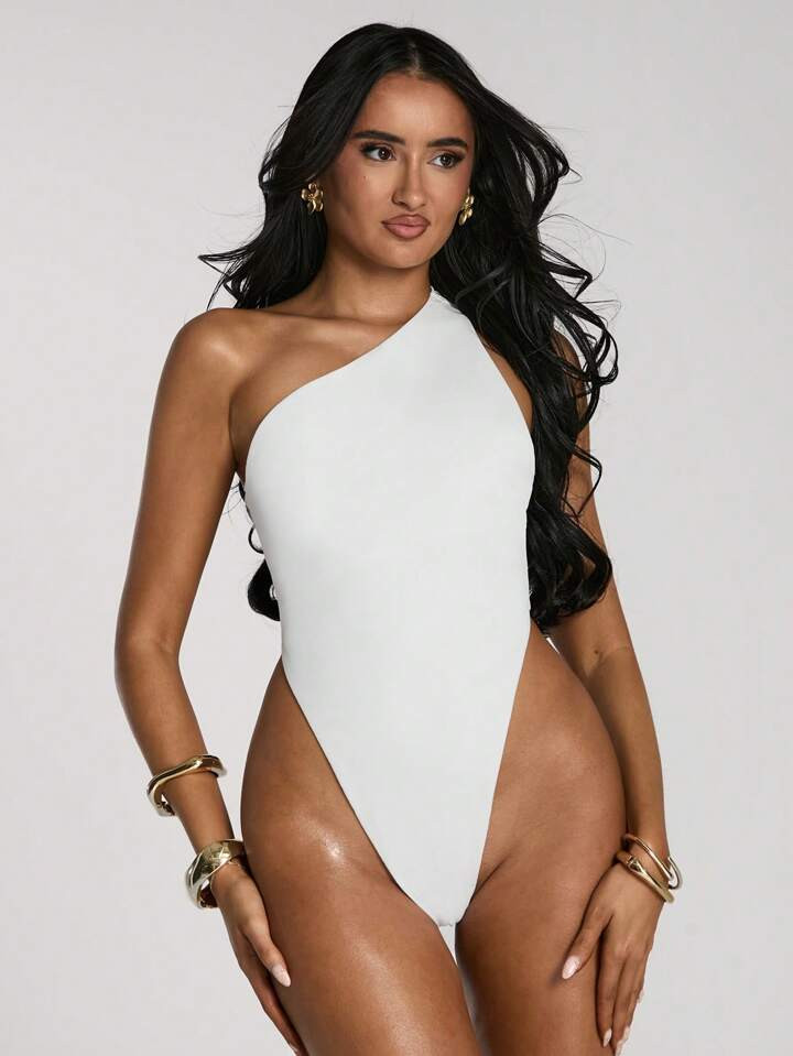SHEIN BAE Women's Solid Color Backless One-Piece Swimsuit, Suitable For Vacation & Beach Swim Suits For Women Bathing Suits For Women Summer Outfits For Women Vacation Outfits Woman Swimsuits One Piece Swimsuit For Woman Beach Outfits For Woman One Piece Bathing Suit Beach Vacation Sexy Backless Swimwear, Elegant Gold Decorative Accessories, Summer Vacation Style, All White | SHEIN