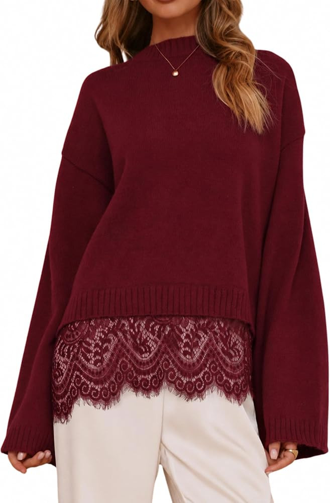 Womens Lace Trim Sweater Cozy Oversized Knit Pullover Top | Amazon (US)