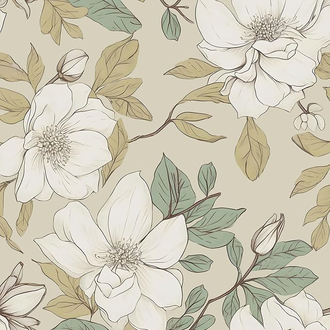 Beige Floral Wallpaper Peel and Stick, White Flowers Contact Paper, Vintage Botanical Boho Wall P... | Amazon (US)