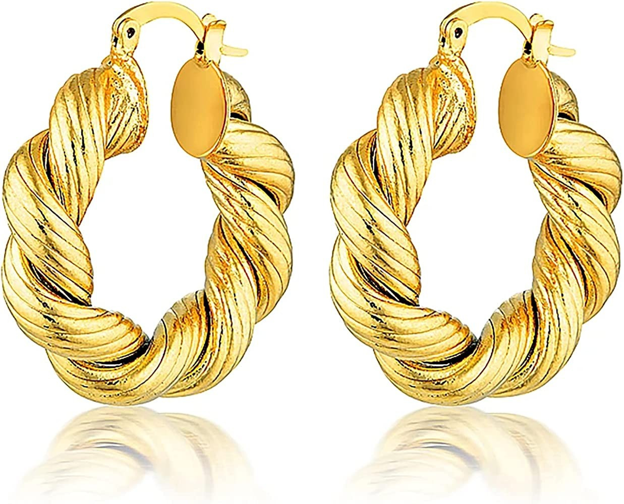 Chunky Gold Hoop Earrings for Women, 14k Gold Plated Thick Triple Twisted Hoop Earrings Hypoaller... | Amazon (US)