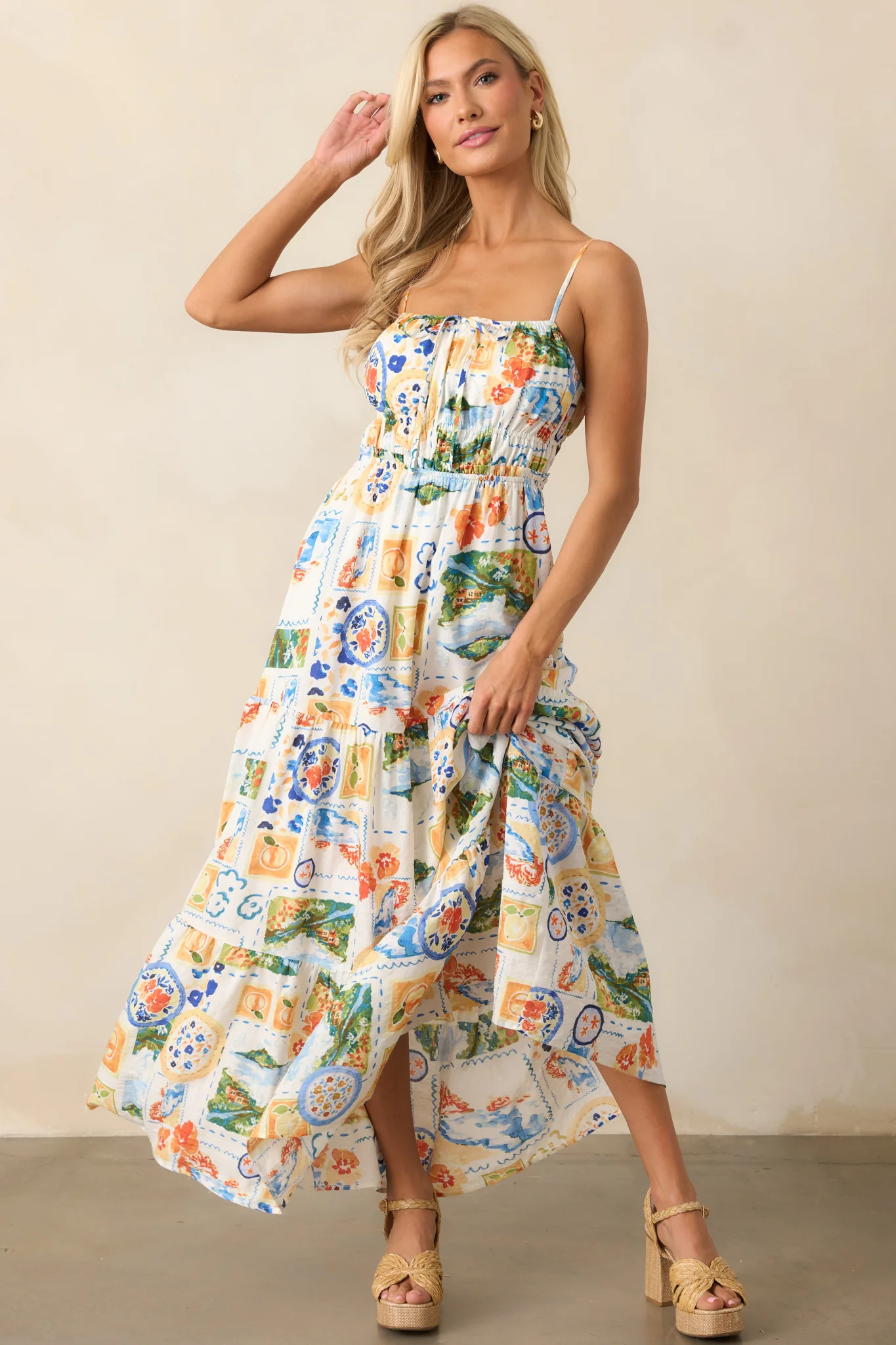 Salt Breeze Blue Multi Watercolor Print Maxi Dress | Red Dress
