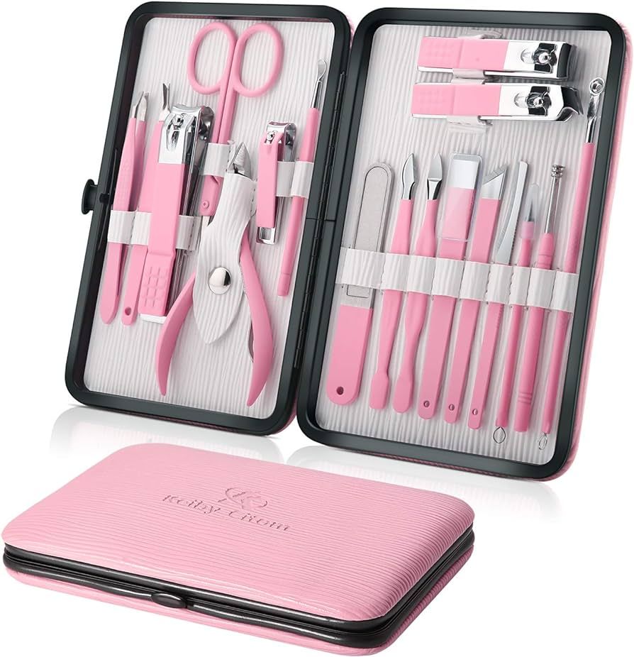 Manicure Set Professional Nail Clippers Kit Pedicure Care Tools- Stainless Steel Women Grooming Kit 18Pcs for Travel or Home (Pink) | Amazon (US)