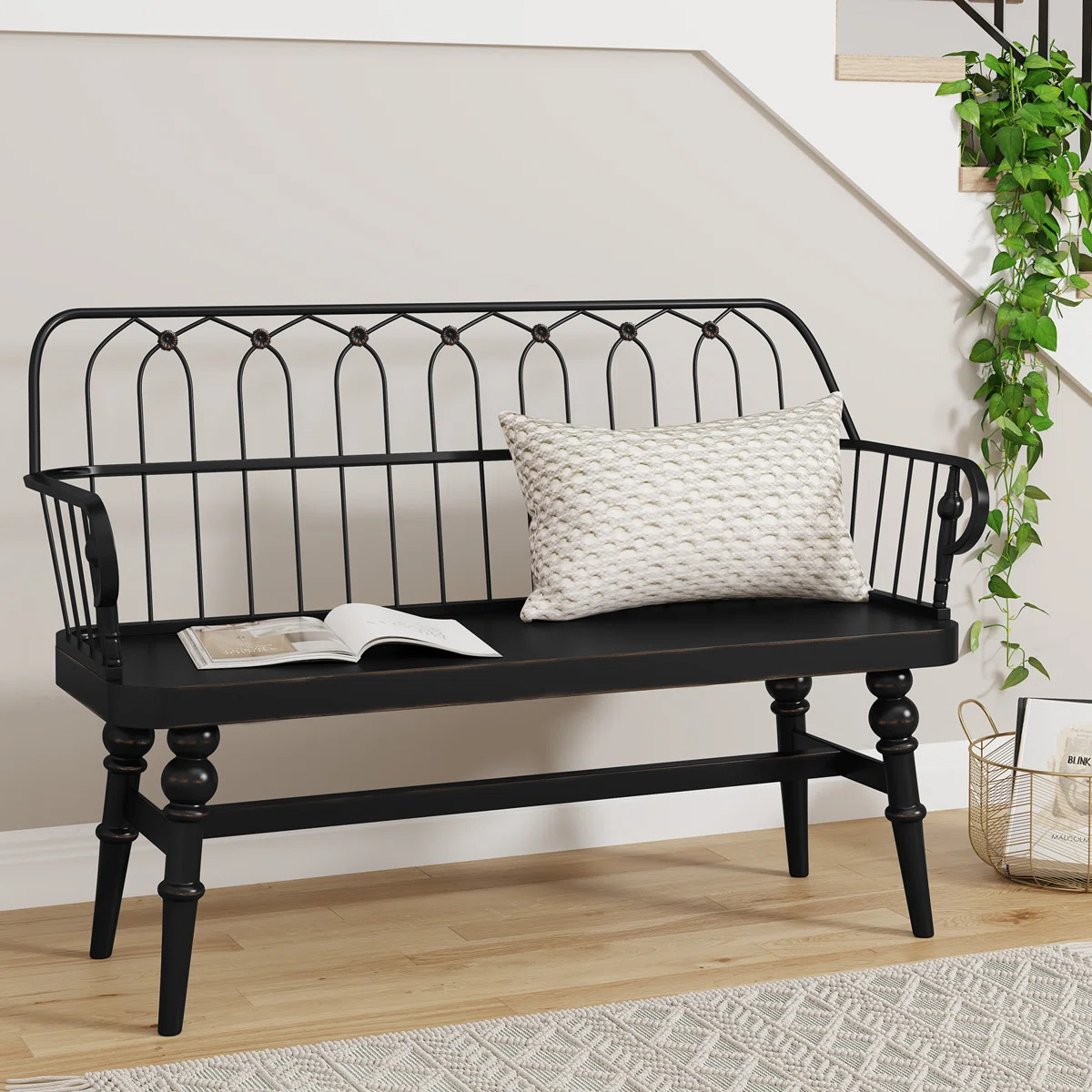 Modern Farmhouse Metal Spindle Back Bench, Entryway Accent Bench with Decorative Design | Wayfair North America