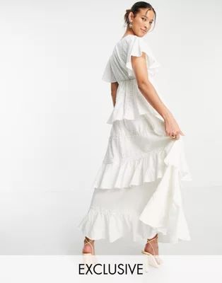 White Sand square neck lace insert tiered midi dress in cream | ASOS (Global)