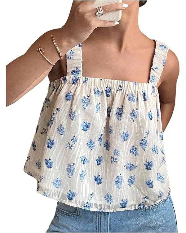GORGLITTER Women's Floral Bow Tie Back Babydoll Tank Tops Sleeveless Ruffle Flowy Summer Camisole... | Amazon (US)