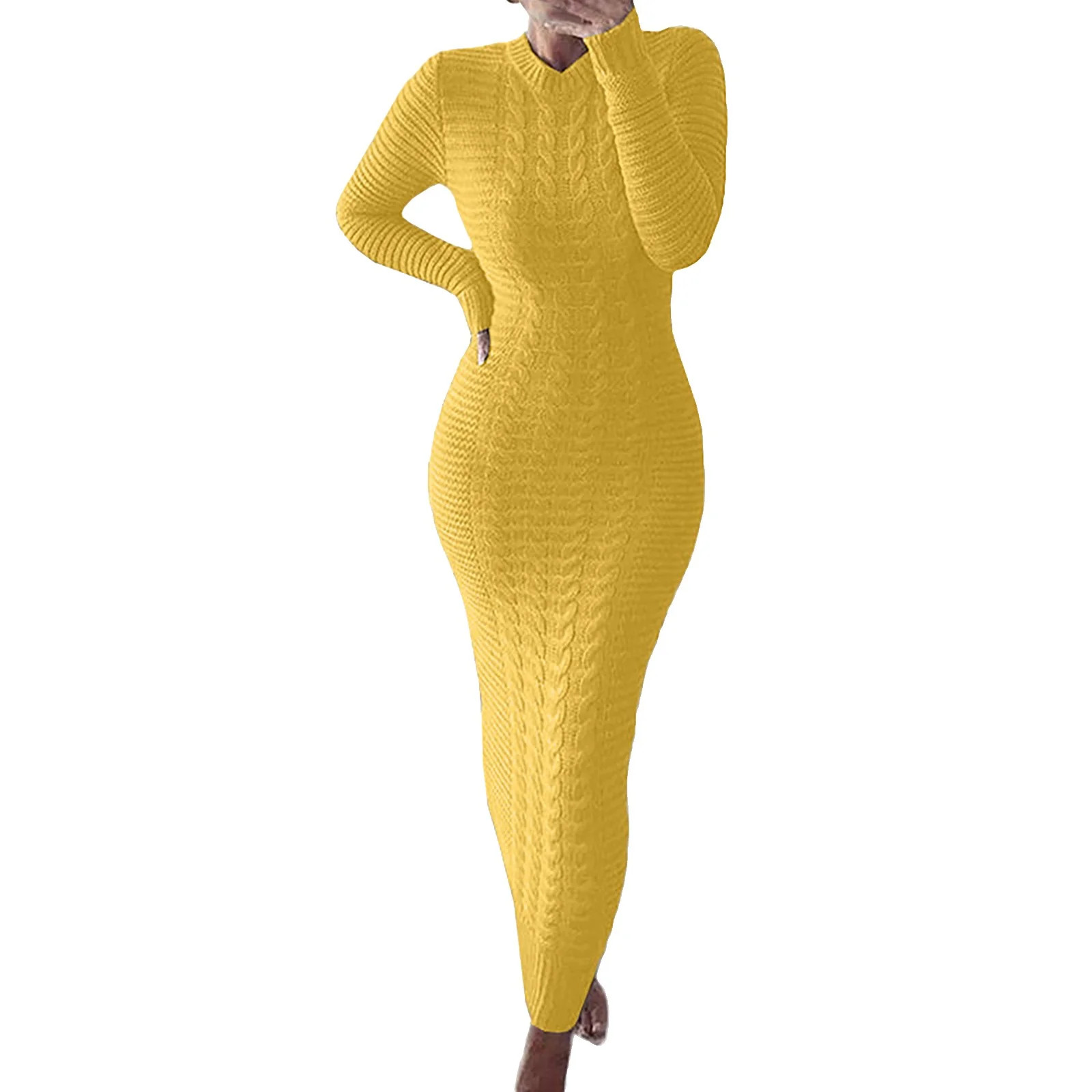 WTXUE Long Sleeve Dress, Autumn and Winter Sweater Long Sleeved Woolen Dress, Linen Dress, Yellow... | Walmart (US)
