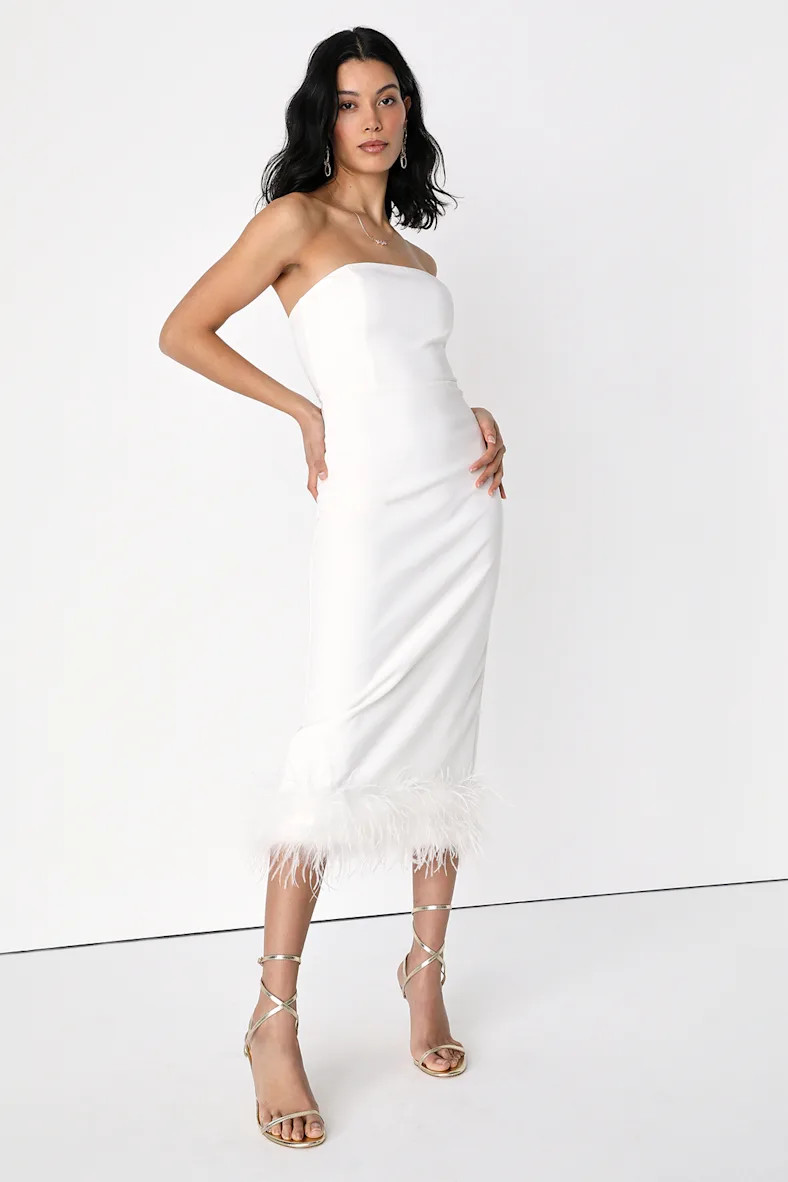 Feather Late Than Never White Strapless Feather Midi Dress | Lulus (US)