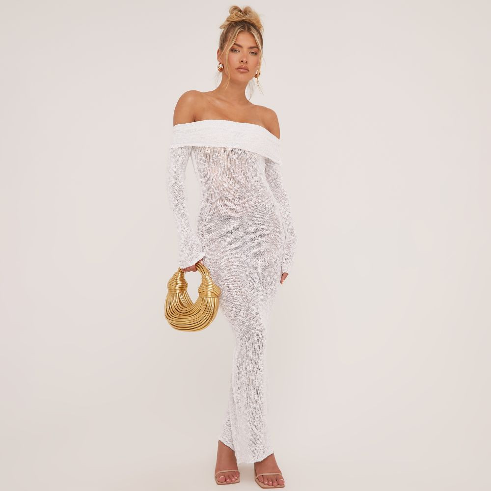 Fold Over Bardot Maxi Dress In White Textured Knit | EGO (UK)