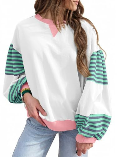 Fisoew Womens Color Block Oversized Sweatshirt Casual Lantern Long Sleeve Crewneck Striped Pullover Tops Fall Outfits White | Amazon (US)