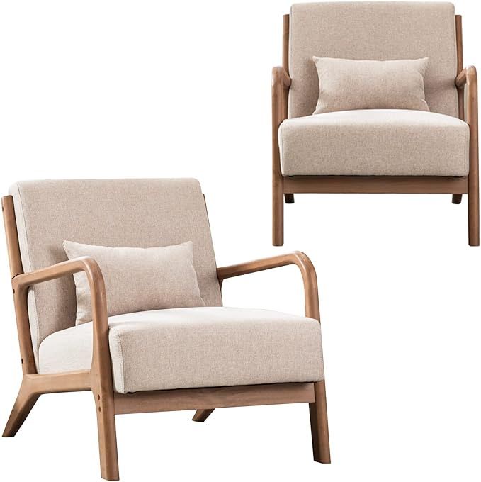 INZOY Mid-Century Modern Accent Chair Set of 2, Upholstered Living Room Chairs with Waist Cushion... | Amazon (US)