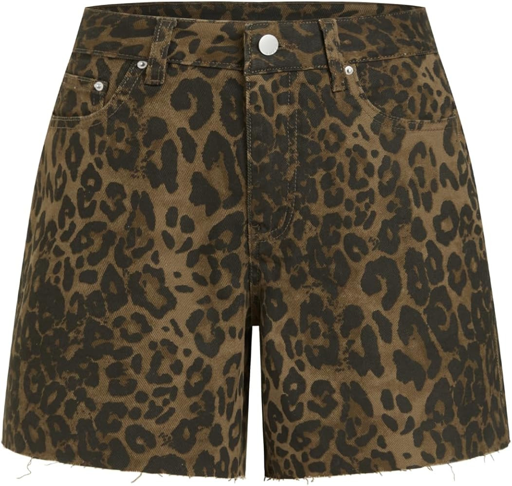 CIDER Women's Leopard Print Denim Shorts High Waisted Frayed Hem Casual Jean Shorts with Pockets | Amazon (US)