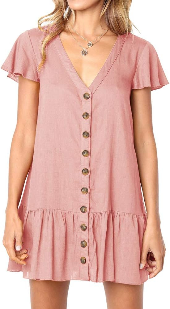 Imysty Womens Polka Dot V Neck Button Down Ruffles Loose Mini Short T-Shirt Dress | Amazon (US)