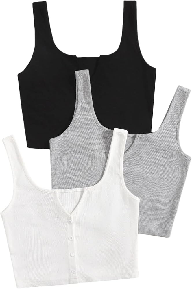 SheIn Women's 3 Pieces Button Front Notch Neck Tank Top Sleeveless Solid Crop Tops | Amazon (US)