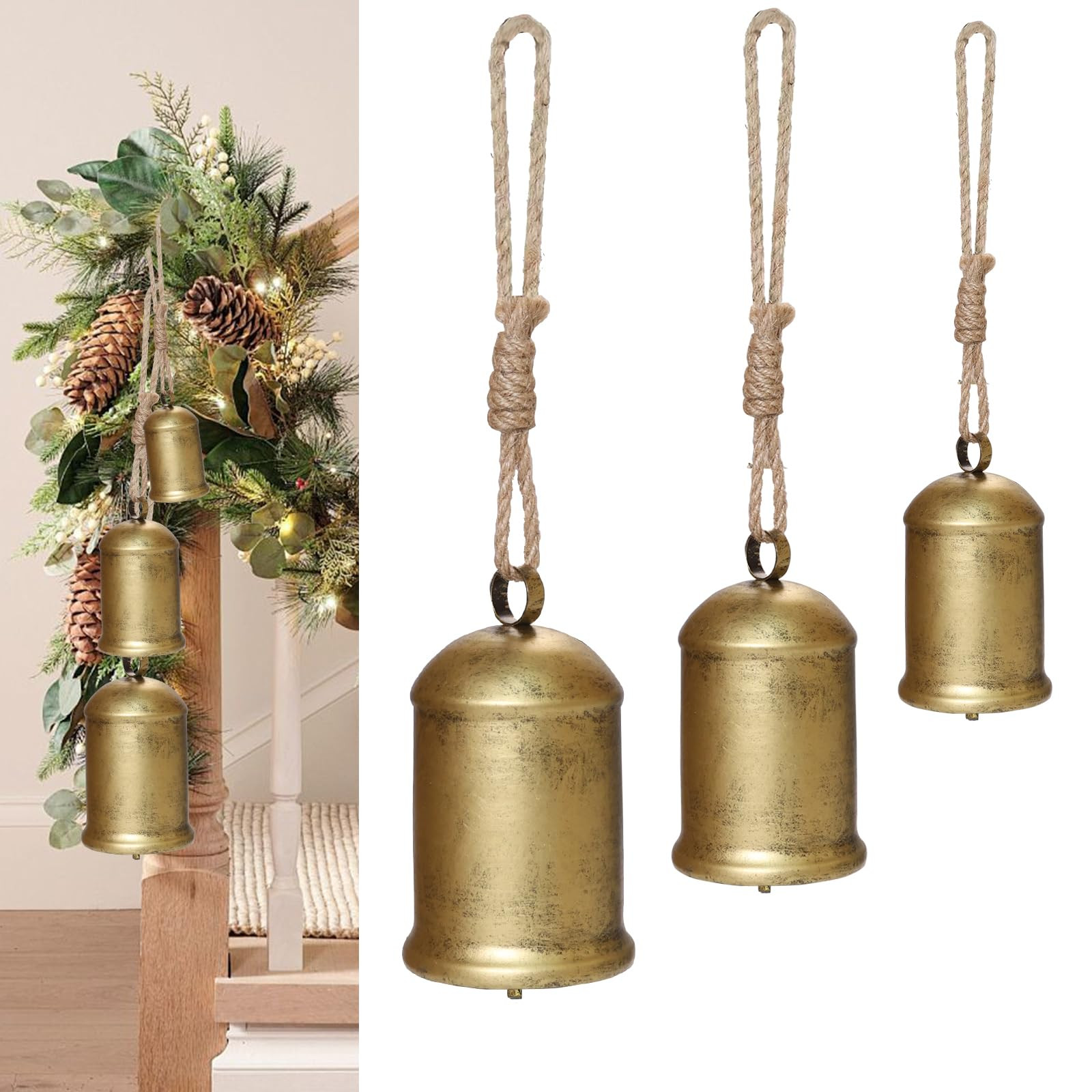 Set of 3 Christmas Bells for Decoration, 8in-6in-4in Cow Bells with Jute Hanging Rope, Metal Vint... | Amazon (US)