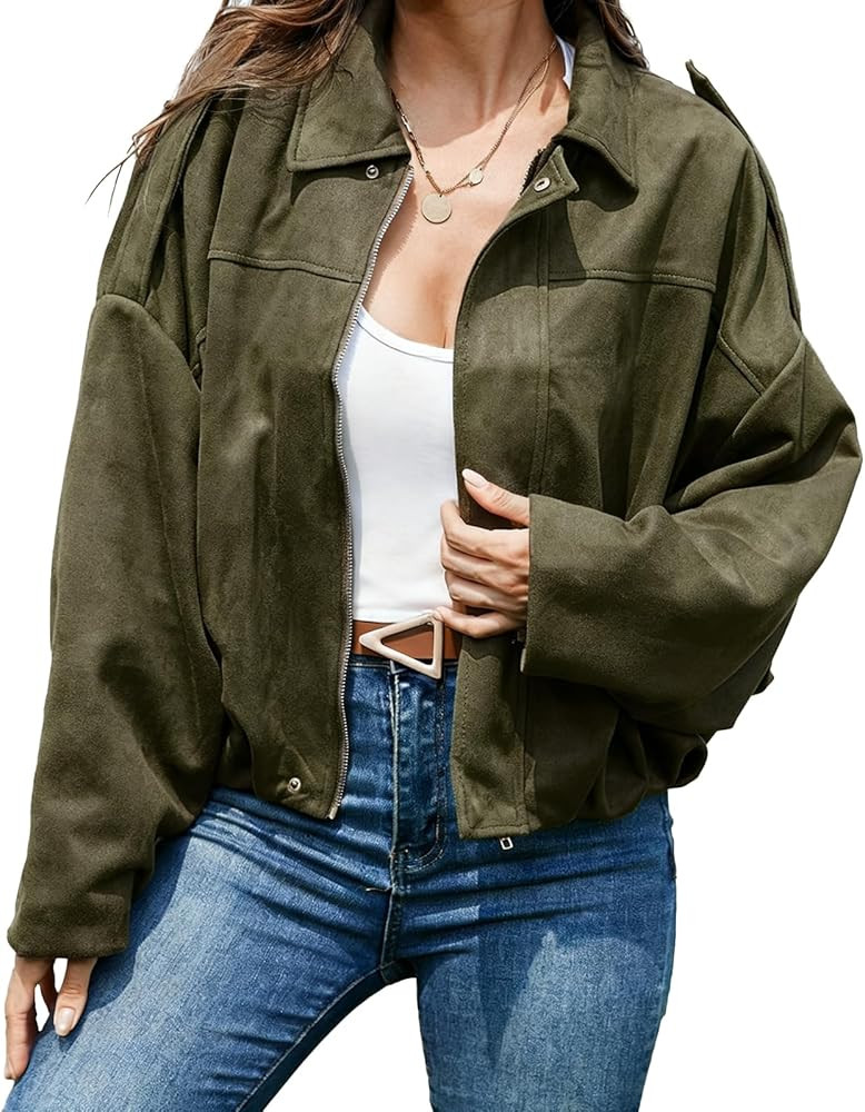 FARORO Women's Faux Suede Bomber Jacket, Oversized Zip Up Cropped Coat, Trendy Streetwear Outerwe... | Amazon (US)