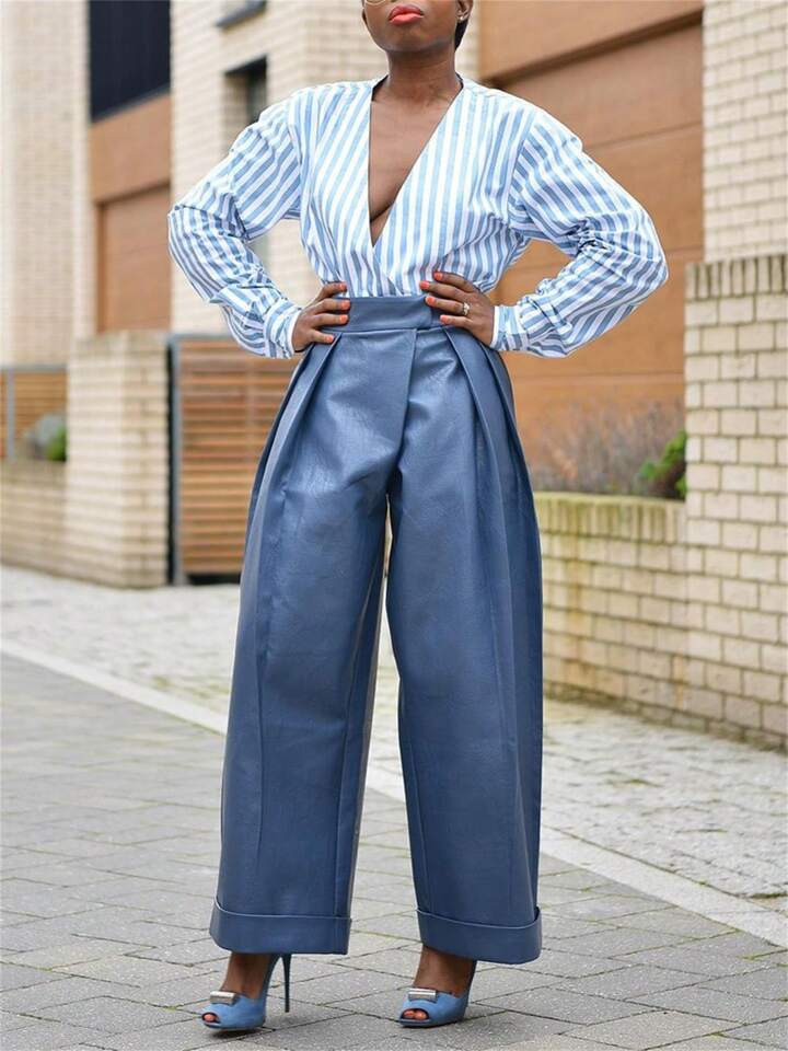 PU Leather Baggy Pants With Pocket For Women, Pleated, Casual And Chic Style, Fall Winter 2024, Prefect For Work And Weekend Casual | SHEIN