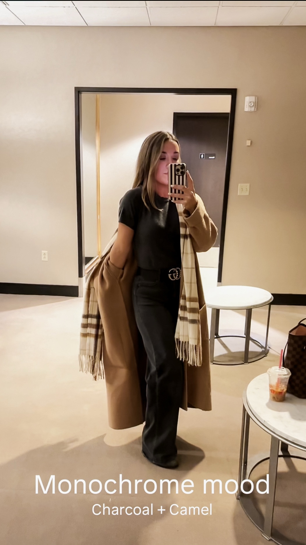 Channeling quiet luxury in charcoal and camel 🖤🤎 Effortless VB vibes: fitted charcoal sweater tee tucked into high-rise black jeans, with a sleek belt, topped with a relaxed Mango camel coat and matching fringed scarf. Endlessly chic.
#Minimalist 
#monochromatic 

#LTKPetite #LTKdayinmylife #LTKootd