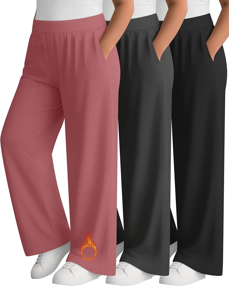 3 Pack Women's Plus Size Fleece Sweatpants Wide Leg Thermal Lounge Pants Pockets Elastic Waist Wa... | Amazon (US)