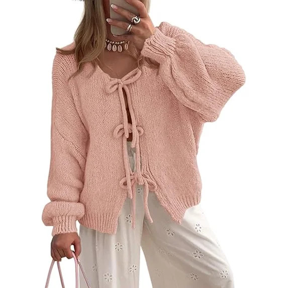PRETTYGARDEN Women's Tie Front Bow Cardigan Sweaters Chunky Knit Long Puff Sleeve Trendy Fall Win... | Walmart (US)