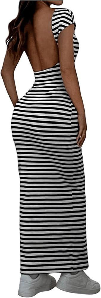 Floerns Women's Summer Long Dress Striped Cap Sleeve Backless Y2k Bodycon Dresses | Amazon (US)