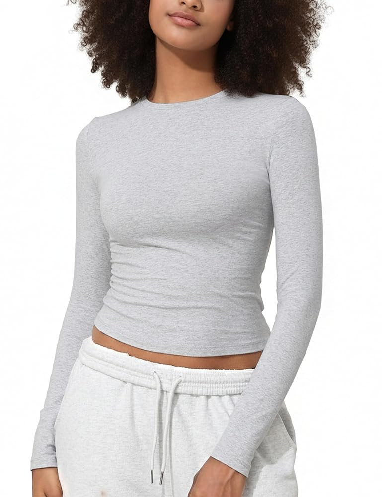 PrettyGuide Women's Cotton Jersey Long Sleeve Shirts Tight Fit Crewneck Crop Tops Basic Fall Goin... | Amazon (US)