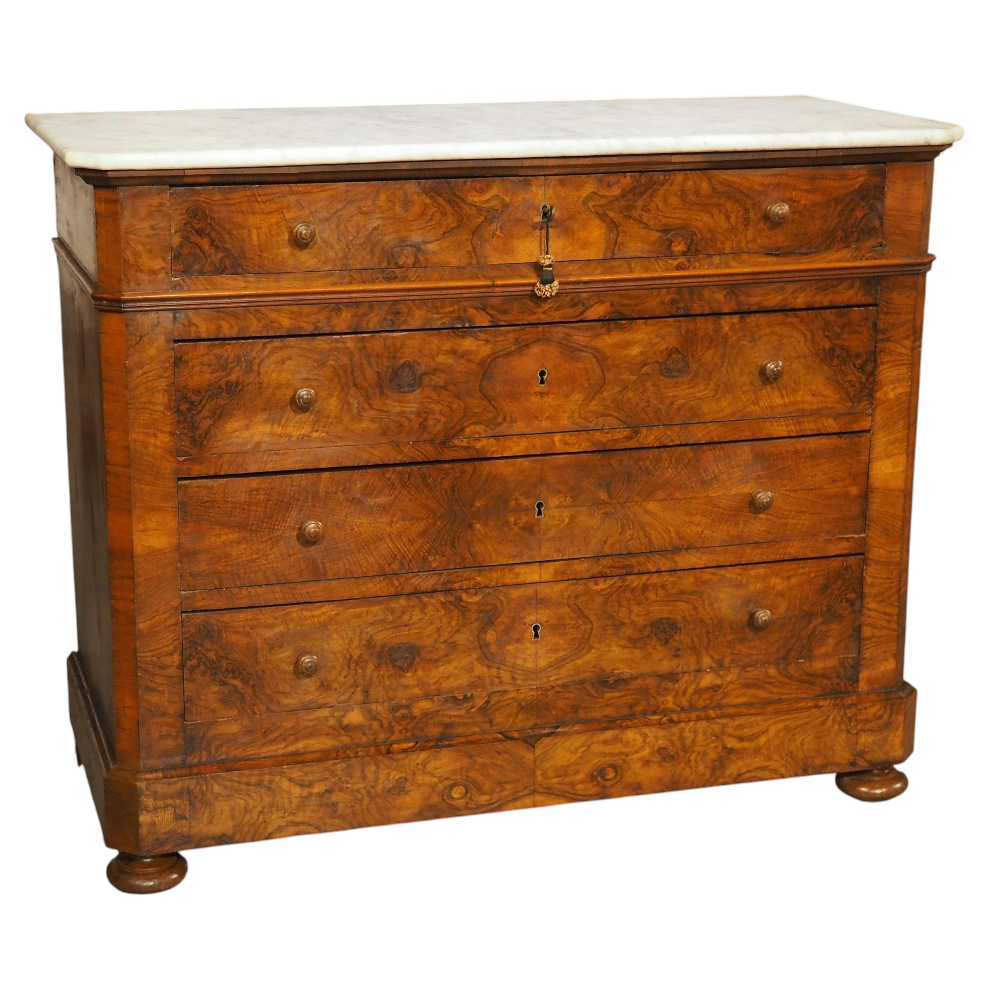 Antique French Burl Walnut Louis Philippe Style Commode White Carrara Marble Top | 1stDibs