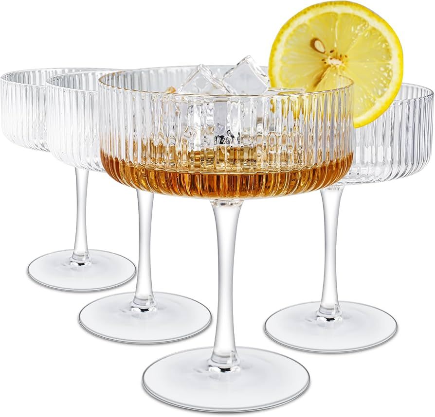 LEYU Ribbed Coupe Glasses Set of 4, 11.8 oz Fluted Cocktail Glasses for Martini Champagne and Win... | Amazon (US)