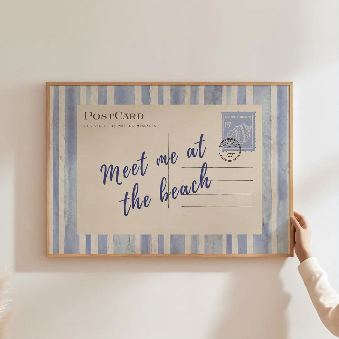 Meet Me at the Beach Trendy Post Card Print, Coastal Wall Art, Blue Typography Art, Beach House A... | Etsy (US)