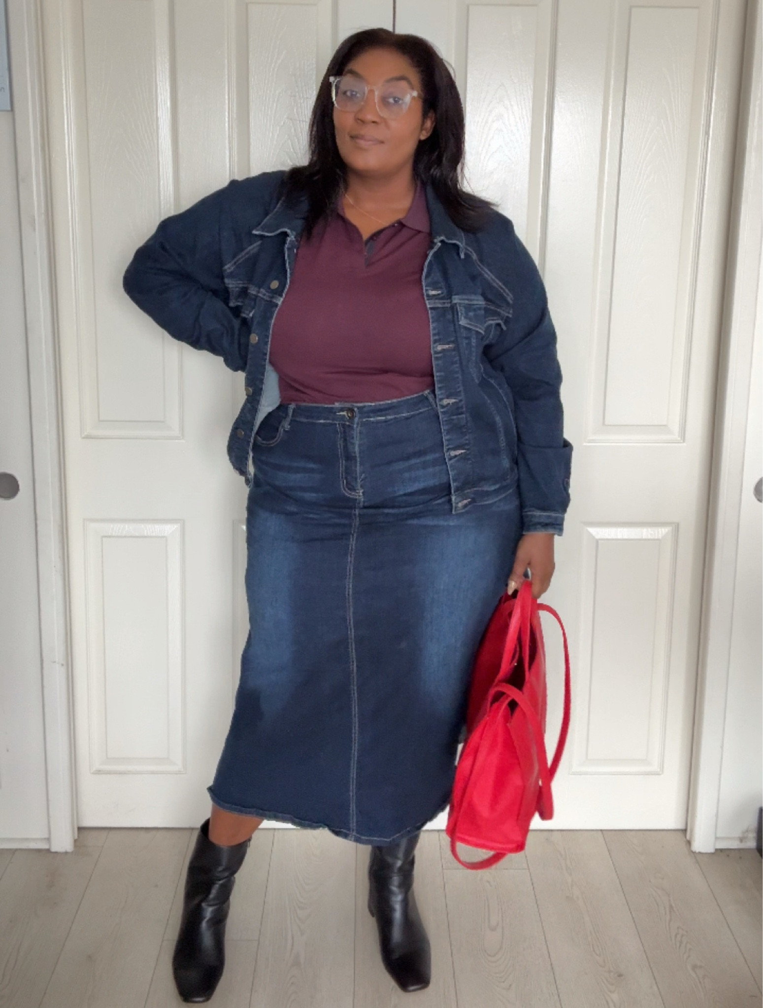 Office causal outfit with fall collared shirt, denim skirt and denim jacket. 

#LTKPlusSize #LTKStyleTip #LTKWorkwear