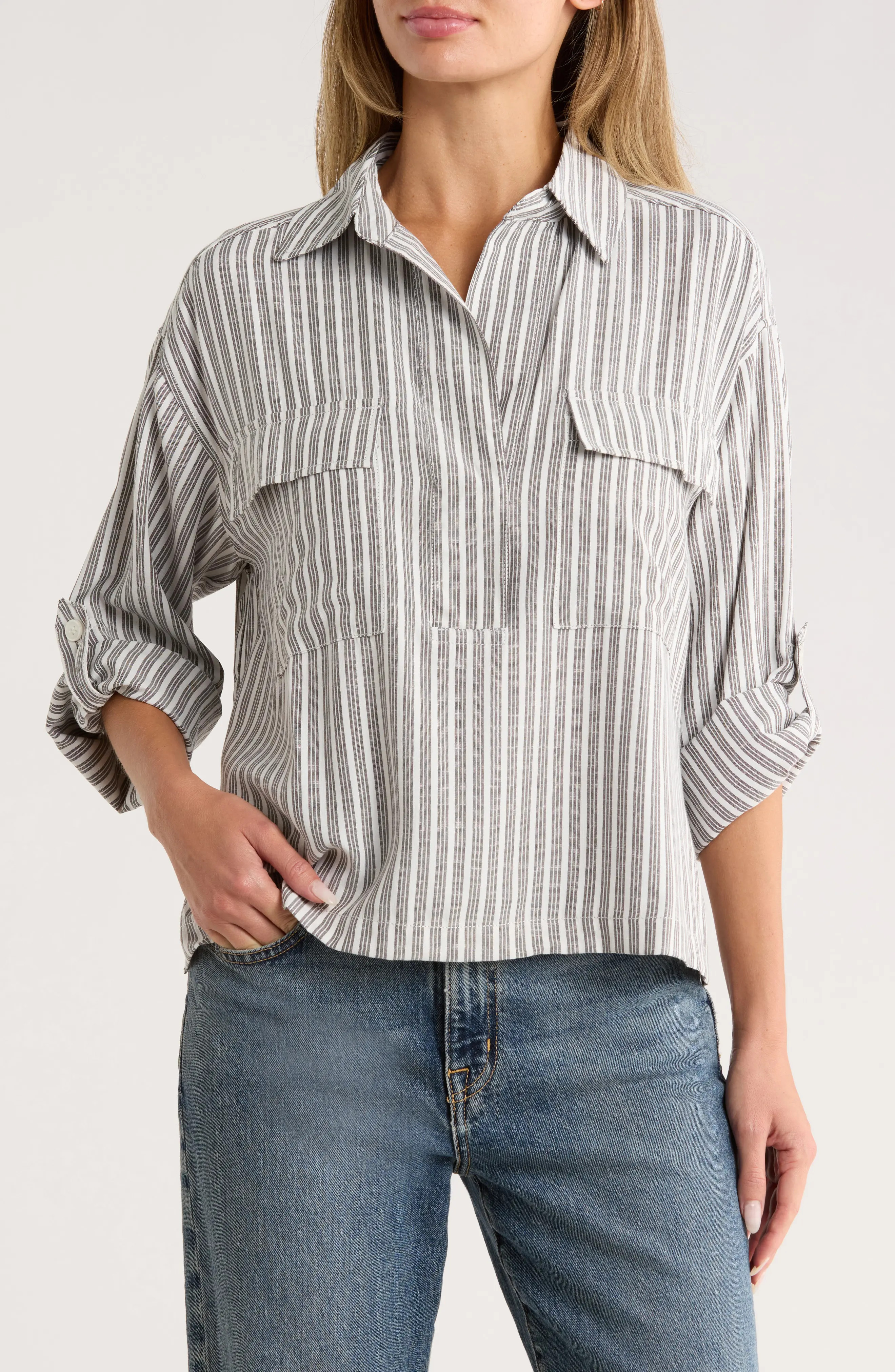 MAX STUDIO Grid Print Roll Sleeve Popover Shirt (Women) | Nordstromrack | Nordstrom Rack
